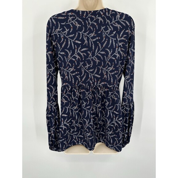 Michael Kors Peasant Blouse Small Navy Blue Floral Gold Chain Long Sleeve - Picture 3 of 9
